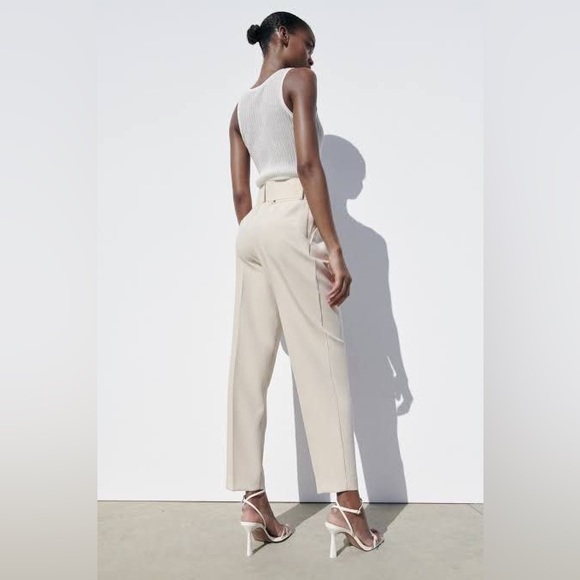 Zara ecru high waisted belted fabric pants blogger favorite - Picture 4 of 12